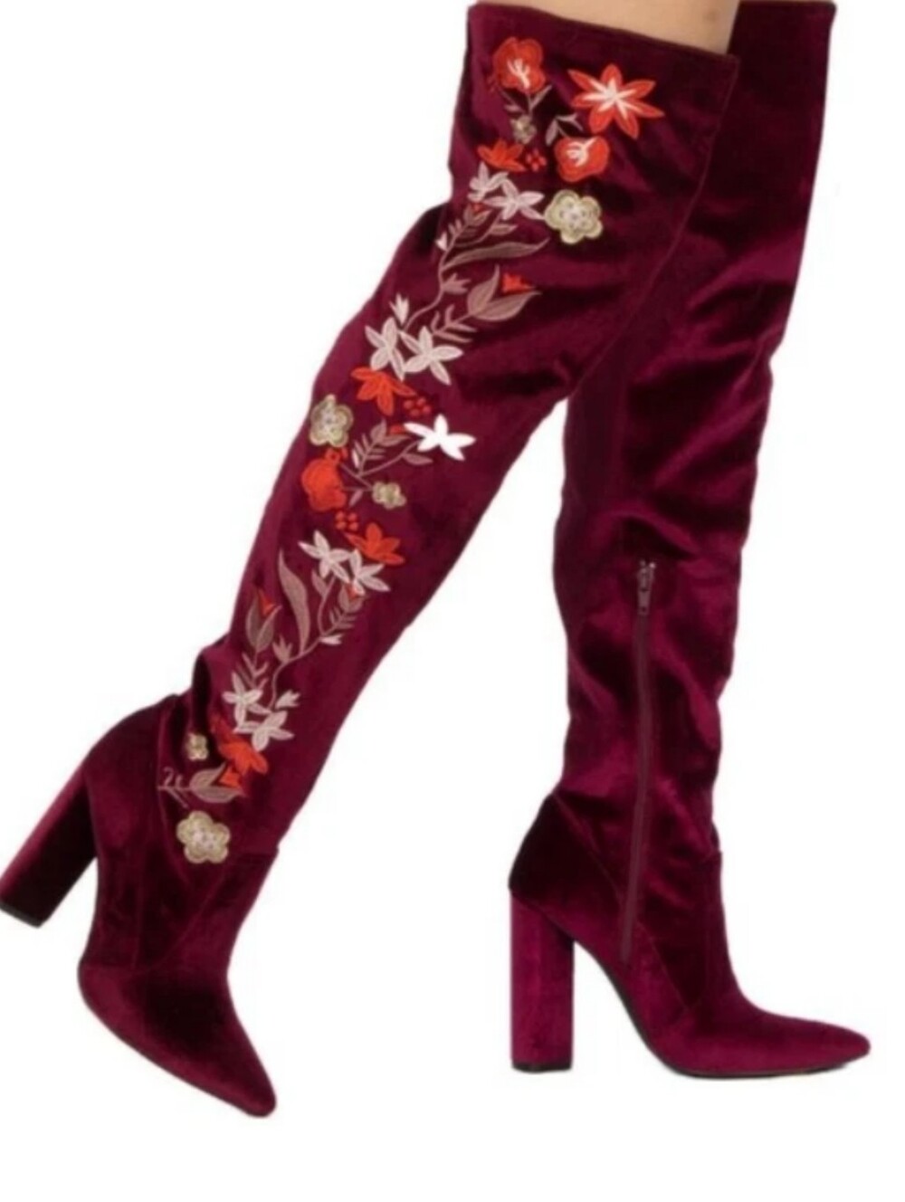 QUPID | Burgundy Velvet Embroidered Thigh High Boots Floral Block Heel Statement - Picture 5 of 6